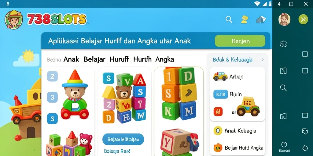 Antarmuka 738SLOTS untuk belajar huruf dan angka yang menarik.