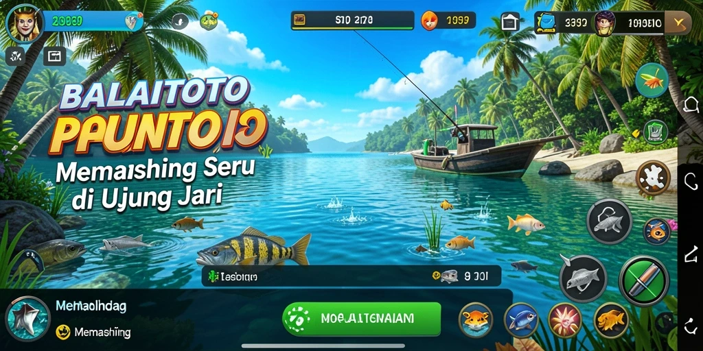 Screenshot antarmuka BALAITOTO yang menampilkan aksi memancing di berbagai lokasi.